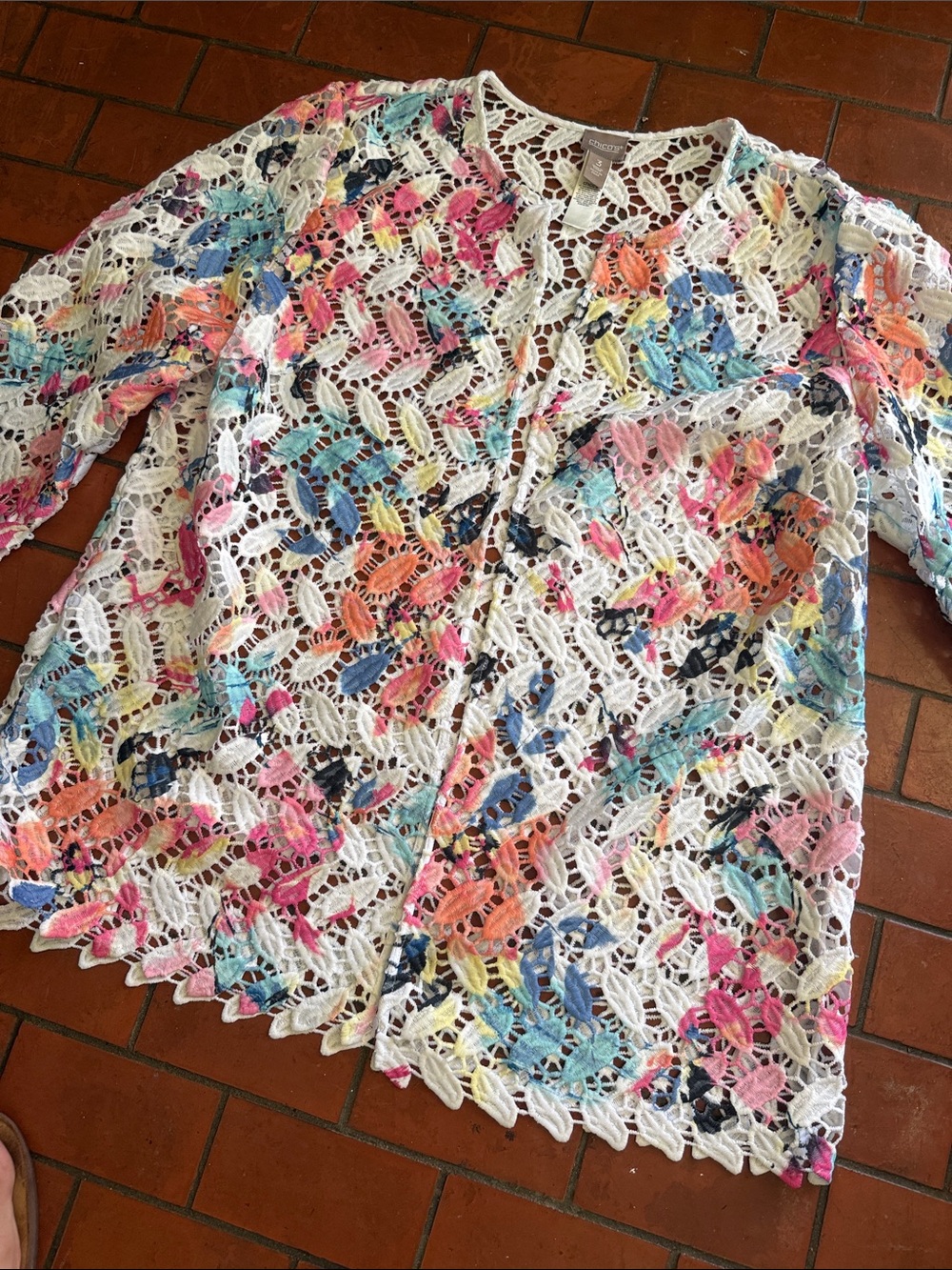 White Crochet Open-Front Women's Top with Multicolor Floral Accents XL